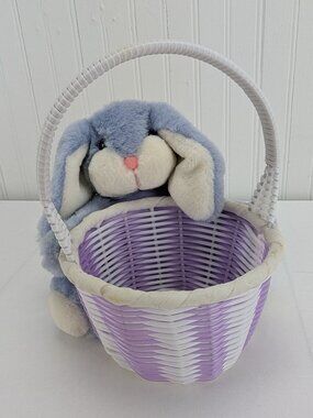 Vintage Dan Dee Woven Plastic Easter Basket with Plush Bunny Rabbit Purple White